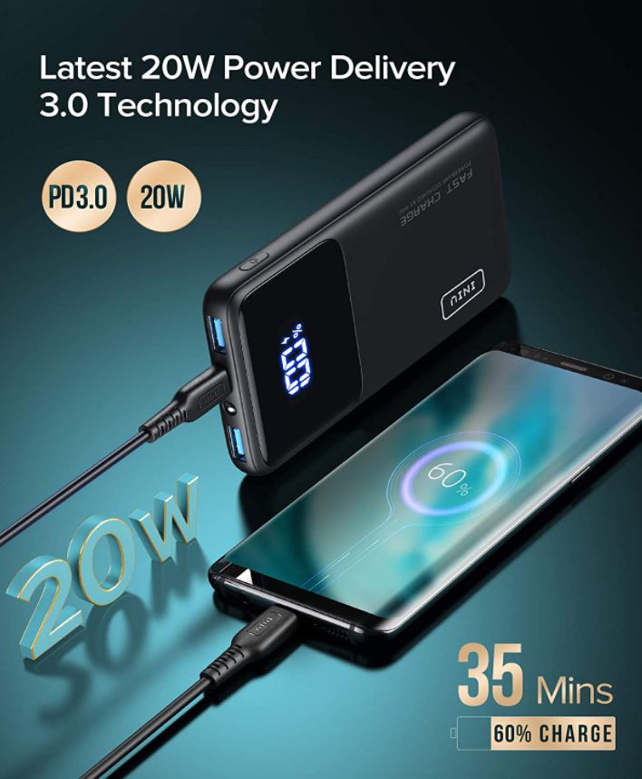 22.5W PD3.0 QC4.0 Fast Charging USB C LED Display 10000mAh Power Bank 3 Outputs Battery Pack with Phone Holder for iPhone 12 11 X 8 Samsung S20 Google LG AirPods iPad Tablets. INIU Portable Charger 