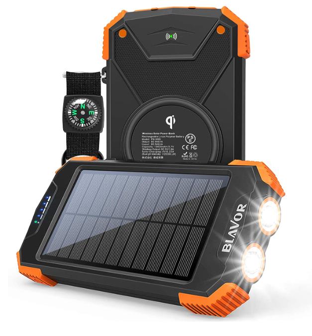 Black Portable-Solar-Charger-Power-Bank 38800mAh External Battery Pack Dual 5V3.1A Fast Output and Type-C Built-in Qi Wireless Charger and Flashlight 